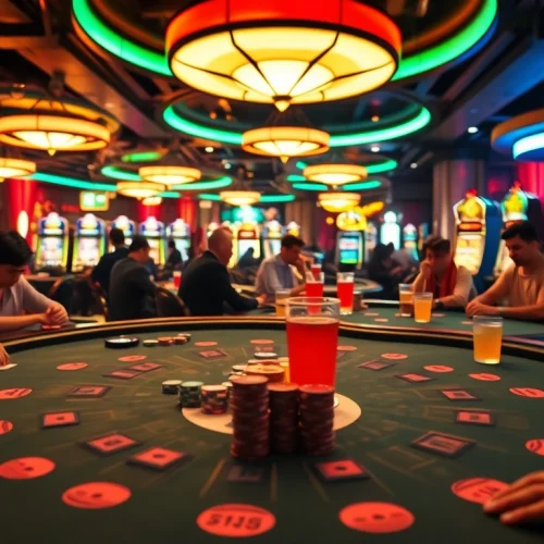 Permainan kasino vegas88 yang menarik dengan meja poker dan pemain antusias.