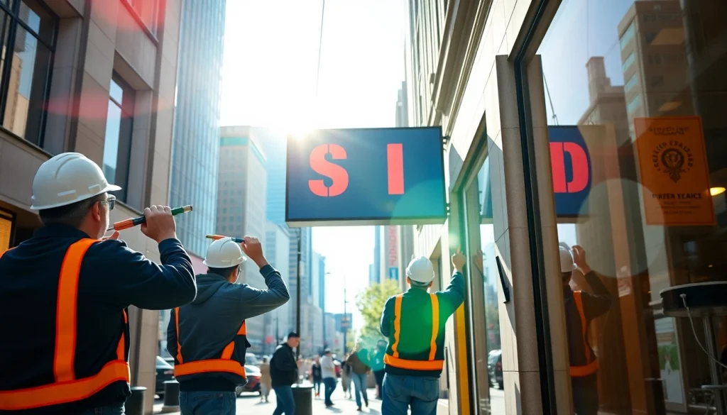Professional sign installation in an urban environment showcasing vibrant signs and skilled workers.