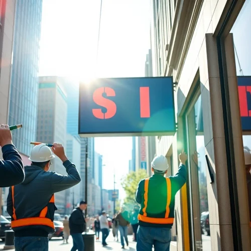 Professional sign installation in an urban environment showcasing vibrant signs and skilled workers.