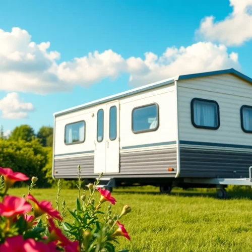 Static Caravans nestled in a lush green setting with vibrant flowers and clear skies.
