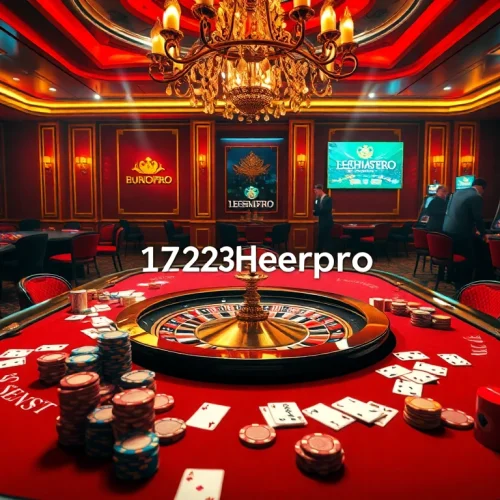 Players enjoying intense poker action at a luxurious casino table, featuring the brand 123heropro prominently.