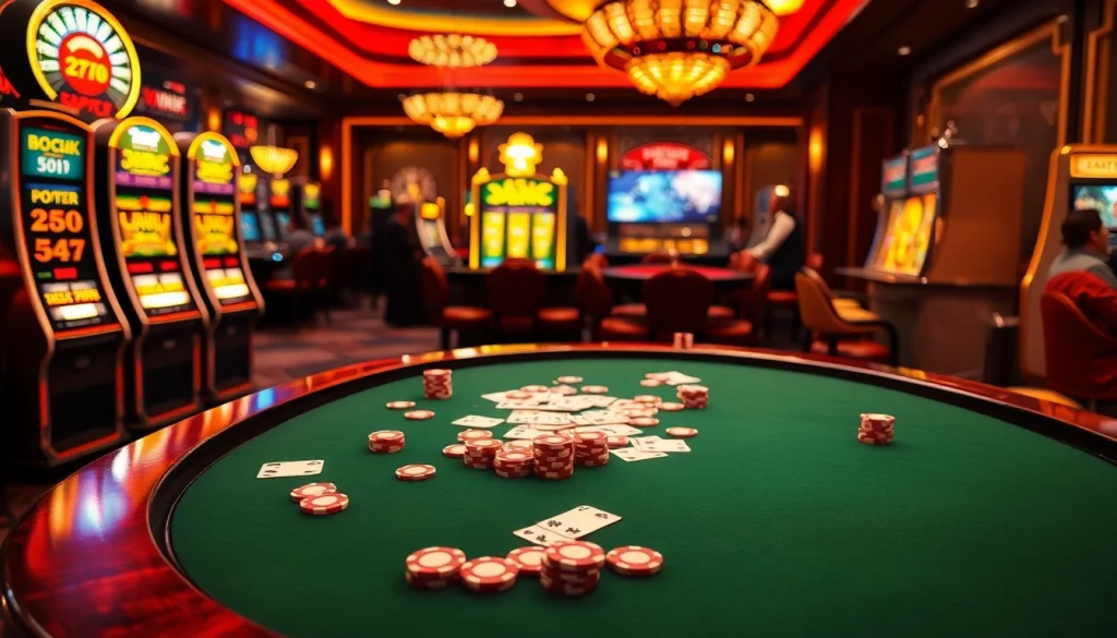 Scène engageante de poker à enjeux élevés et de machines à sous vibrantes au meilleur casino en ligne.