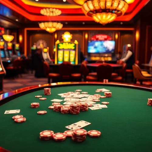 Scène engageante de poker à enjeux élevés et de machines à sous vibrantes au meilleur casino en ligne.
