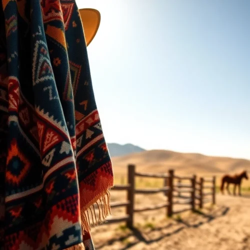 Model showcasing Aztec Print Western Wear in a sunny ranch setting with horses and vibrant colors.