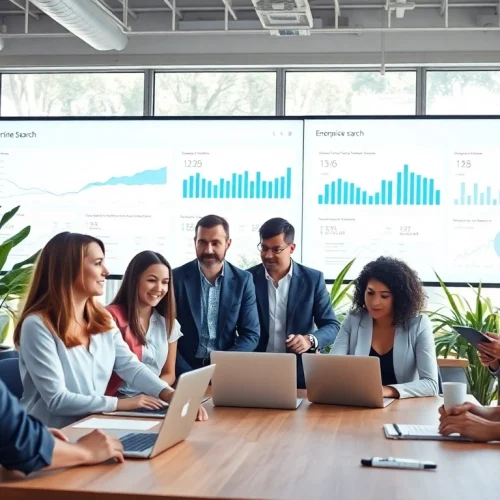 Collaboration on enterprise search tools in a modern office environment.