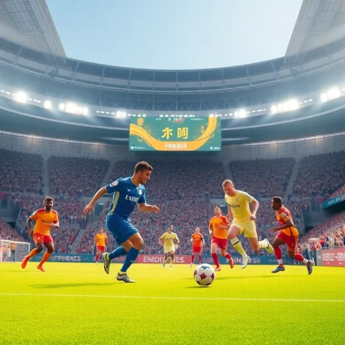 해외축구중계를 바라보며 박진감 넘치는 축구 경기 장면을 담은 이미지