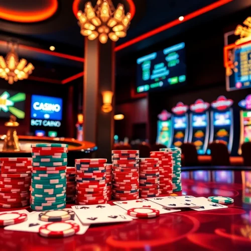 Scène excitante au meilleur casino en ligne avec des tables de jeu vibrantes et une roue de roulette qui tourne.