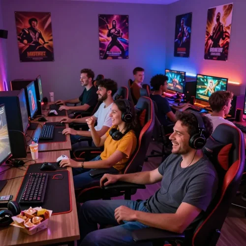 Excited group playing porn game online in a vibrant gaming lounge, surrounded by interactive screens and gaming gear.