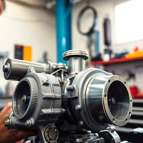 Turbosmart high boost turbo installation by a mechanic in a well-lit garage, showcasing precision.