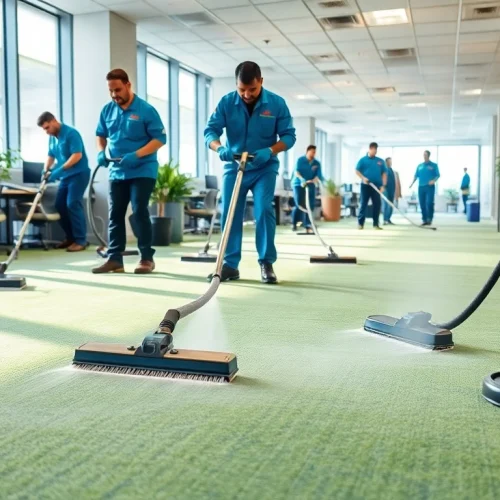 Enhance commercial carpet cleaning in a vibrant office space, showcasing cleaning in action.
