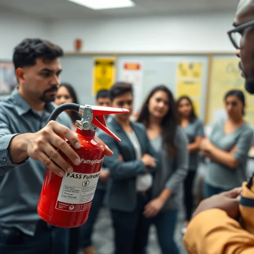 Participants learning the P.A.S.S. method to use a fire extinguisher in a training session.