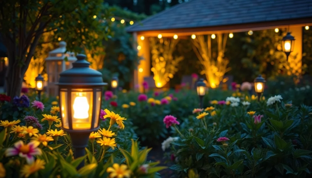 Tuinverlichting verlicht een prachtige tuin vol bloemen en groen voor een uitnodigende sfeer.