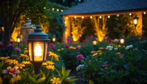 Tuinverlichting verlicht een prachtige tuin vol bloemen en groen voor een uitnodigende sfeer.