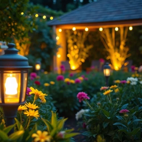 Tuinverlichting verlicht een prachtige tuin vol bloemen en groen voor een uitnodigende sfeer.