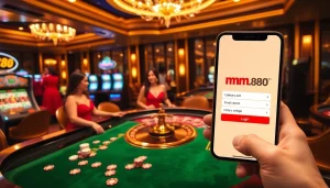Engaging casino scene featuring mm88.com with roulette and vibrant slot machines.