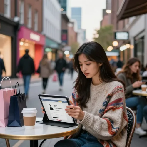 Stylish shopper exploring 레플리카 쇼핑몰 on tablet at urban café with vibrant city backdrop.