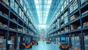 Visualize efficient warehousing processes with organized storage units and workers in action.