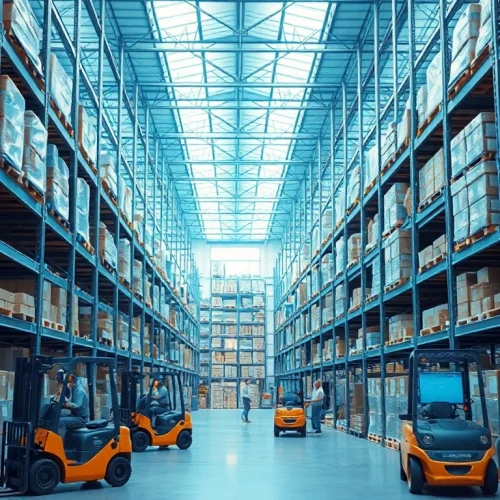 Visualize efficient warehousing processes with organized storage units and workers in action.