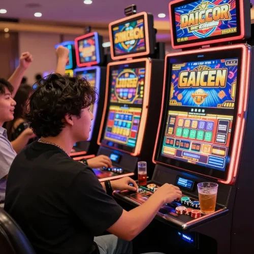 Suasana menarik seorang pemain di mesin slot gacor di kasino yang ramai.