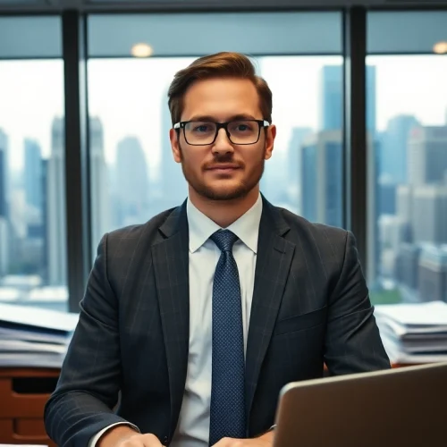 Mark Baum, professional analyst in a modern office, analyzing financial reports.
