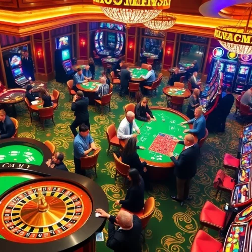Atmosphère de casino excitante avec des expériences de jeu en direct au meilleur casino en ligne, rempli de joueurs aux tables de roulette et de poker.