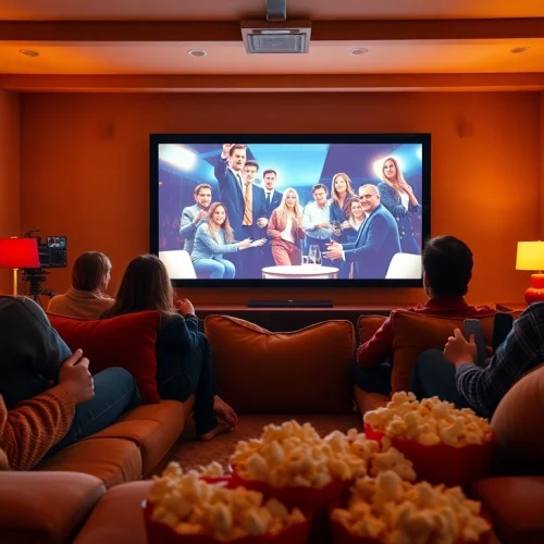 Experience ดูหนังออนไลน์ in a cozy home theater with friends and family enjoying movie night.
