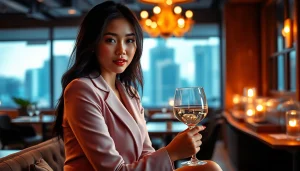 Stunning young woman as a Singapore escort in an upscale lounge setting, exuding elegance.