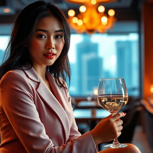 Stunning young woman as a Singapore escort in an upscale lounge setting, exuding elegance.