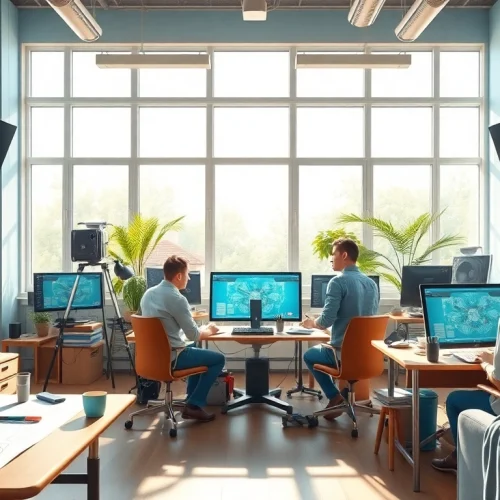 Animationsstudio mit kreativen Künstlern, die in einem hellen Raum zusammenarbeiten.