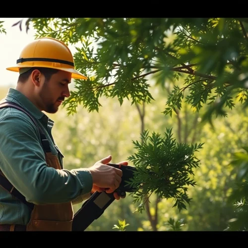 Black Mountain Tree Consultancy arborist demonstrating expert pruning techniques in a lush, green environment.
