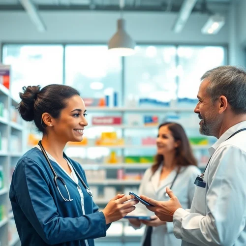 Engaging interaction at an online pharmacy with a technician helping a customer.