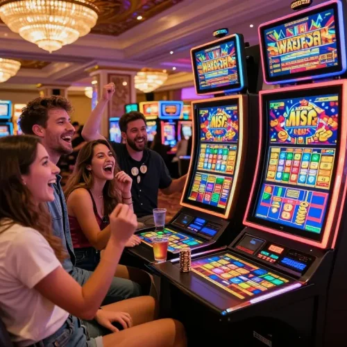 Friends enjoying a link slot machine and celebrating in Las Vegas casino.