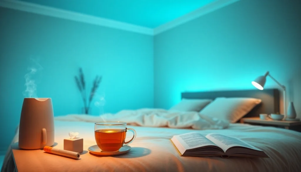 温かい照明と回復要素を備えた、風邪を一晩で治す方法を促す快適な寝室の情景。