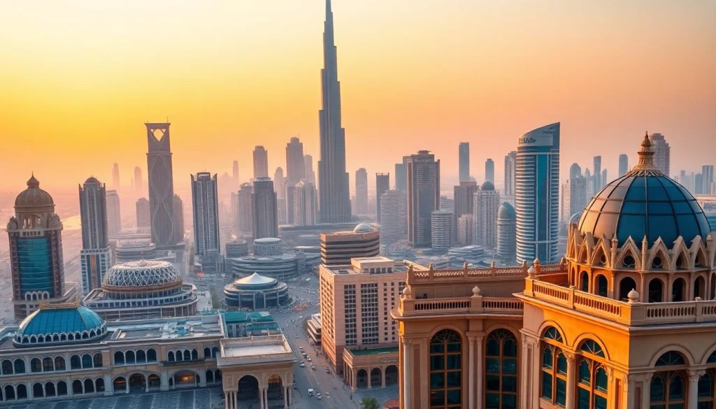 Stunning view of Dubai City skyline with skyscrapers and traditional architecture at sunset.