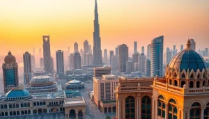 Stunning view of Dubai City skyline with skyscrapers and traditional architecture at sunset.