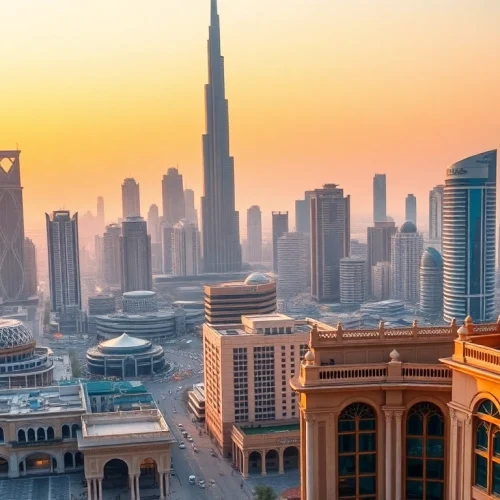 Stunning view of Dubai City skyline with skyscrapers and traditional architecture at sunset.