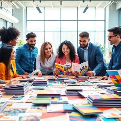 Engaged team at a direct mail company collaborating on vibrant brochure designs.
