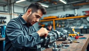 Technician providing hydraulic pump services in a bright workshop, showcasing precision and expertise.