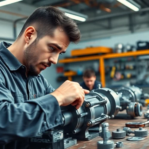 Technician providing hydraulic pump services in a bright workshop, showcasing precision and expertise.