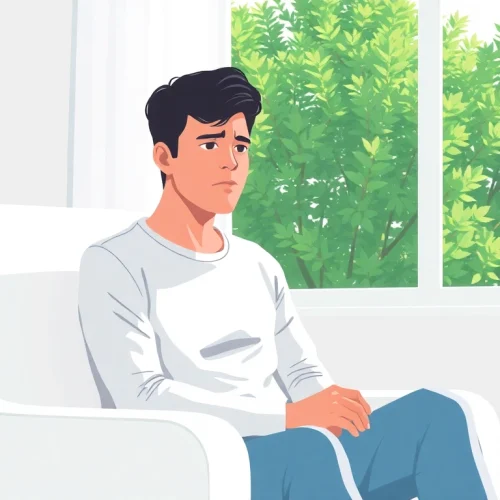 An individual exhibiting anxiety symptoms in a calm environment, illustrating emotional struggle.
