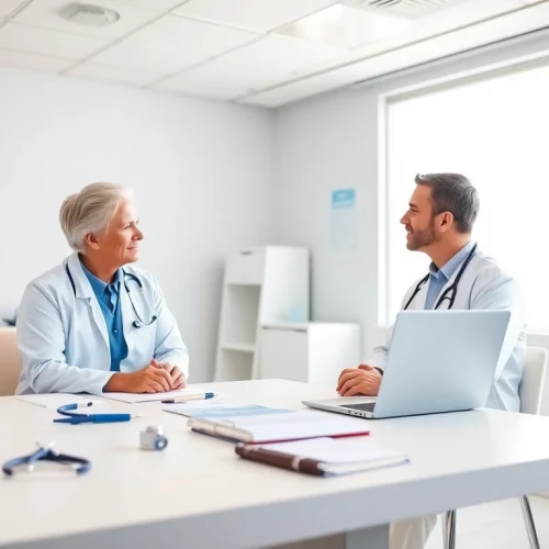 Private GP consulting with a patient in a modern clinic setting.