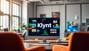 Klynt platform displayed on a modern screen in a vibrant digital media workspace.