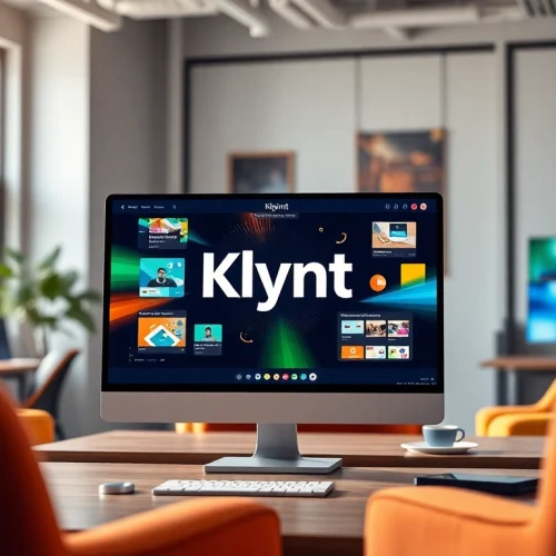 Klynt platform displayed on a modern screen in a vibrant digital media workspace.