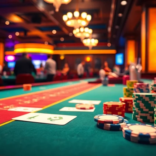 Menangkan permainan ibet44 di meja kasino keren dengan kartu dan chip berwarna-warni.