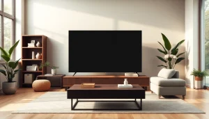 Telewizor 65 cali w nowoczesnym salonie, idealny do komfortowej rozrywki.