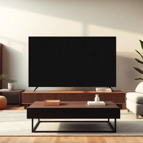 Telewizor 65 cali w nowoczesnym salonie, idealny do komfortowej rozrywki.