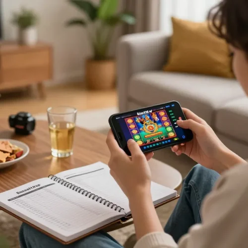Engaged player using kiss918 apk on smartphone in a cozy home setting, highlighting online gaming strategy.