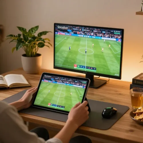 Socolive user enjoying live football streaming with interactive tablet setup and vibrant atmosphere.