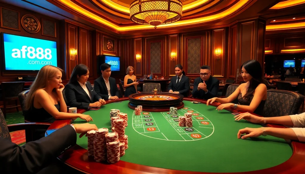 Experience the thrill of poker at af88.com with vibrant chips and an elegant casino ambiance.