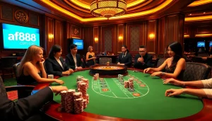 Experience the thrill of poker at af88.com with vibrant chips and an elegant casino ambiance.